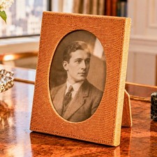 Vintage Asprey & Garrard Luxury Tan Leather Oval Photo Picture Frame Made Italy picture