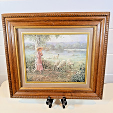VTG Bettie Felder 'Thru God's Grace' Shepherd Girl Sheep Print Wood Frame 15x13