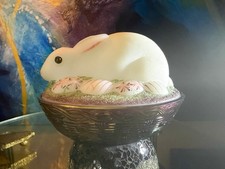 Vintage Fenton Hand-Painted Glass Rabbit with Iridescent Basket-Weave Base picture