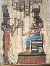 Egyptian Papyrus Art Print 12x16 Queen Offering Flowers To Goddess Hathor- picture