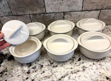 6 Vintage NEW Hall Pottery 476 Individual Soup Croc With #63 Lid White NOT USED picture