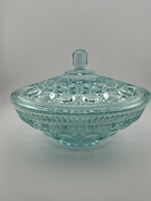 Vintage Indiana Glass Windsor Candy Dish Bowl With Lid Teal Aqua Blue 7.5 inch picture