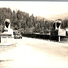 c1940s Klamath, CA Douglas Bridge US Highway 101 RPPC Golden Gate Bear Statues picture