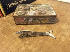 Vintage Mexico Abalone Shell Inlaid Mosaic Brass Trinket Box And Bottle Opener picture