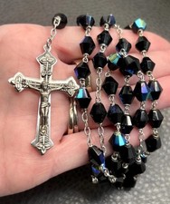 VTG Saint Anne De Beaupre Black AB Bead Rosary Necklace Cross Silver Tone 32” picture