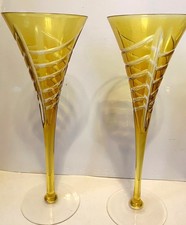 Bohemian Czech Crystal Champagne Glasses 2  Amber Cut to Clear  Flutes 10.5