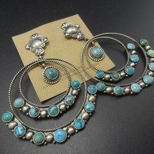 Annie Hoskie NAVAJO Twisted Sterling Silver TURQUOISE EARRINGS Huge Double Hoops picture