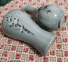 Pair Vintage Korean Celadon Crackle Glaze Vases Hand Painted Plum Blossom picture