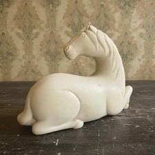 Vintage Cream Stone Look Laying Horse Statue Unmarked Art Deco Style Sculpture picture