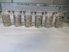 VTG Glenshaw Glassworks Shot Glasses Silver White Bird Leaf Design Set of 6 picture