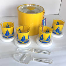 Rare Vintage Georges Briard Sailboat Ice Bucket Glasses Coasters Set NOS picture