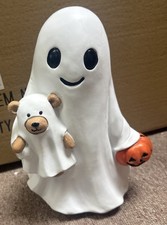 Halloween Ghost Figurine Holding Teddy Bear & Jack-O-Lantern 7.5in Resin 3D picture