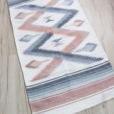 Vtg Southwestern Zapotec Style Handwoven Wool Rug 58x28 Mexican Pastels Boho picture