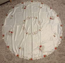 Vintage Christmas Embroidered 68” Round Fabric Embroidery Tablecloth  picture