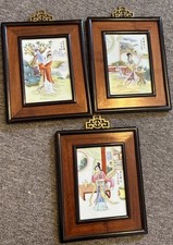 Vintage Chinese Painted Porcelain Art Plaque In Wood Frame Set Of 3 Beautiful  picture