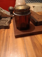 Antique Amber Glass Tobacco Snuff Jar Octagonal Paneled Humidor Etched Brass Lid picture
