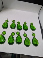 NOS VINTAGE LOT 10 ITALY GREEN CRYSTAL GLASS TEARDROP PRISM CHANDELIER PART 1.5