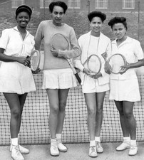 Full length portrait of four female tennis players holding their r- Old Photo picture
