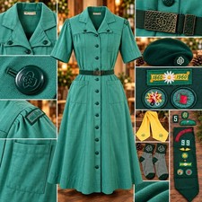 Vintage 1960 Girl Scouts USA Uniform Dress Set Beret Sash Patches Green Teen picture