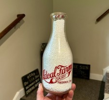 Ideal Farms Dairy Frederick MD Historic Jug Bridge Scene Qt Milk Bottle Red Pyro picture