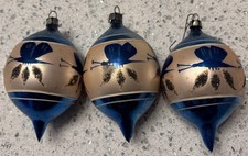Vintage Lot 3 Mercury Glass Christmas Teardrop Ornaments Blue Butterfly Poland picture