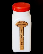 Griffith's Purified Marjoram Spice Jar Bottle w/ Red Lid Milk Glass Vintage picture