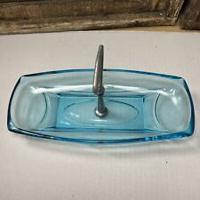 Vintage Hazel Atlas Glass Capri Blue Colony Rectangular Handled Relish Dish picture