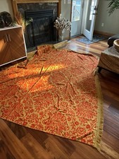 Vtg 60's MCM Orange Yellow Jacquard Fringed Brocade Bedspread Bed Cover 86”x 110 picture