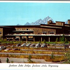 c1960s Jackson Hole WY Jackson Lake Lodge Postcard Grand Teton Mountains Cars picture