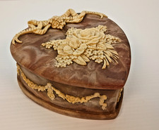 Heart Shaped Vintage Genuine Incolay Stone Floral Jewelry Box Made In USA picture