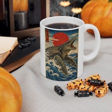 Japanese Armored Turtle Kaiju Ukiyo-e Red Sun Mt Fuji Wave Art Ceramic Mug picture
