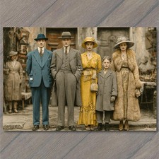 POSTCARD 1920s Family Portrait Street Fashion Fur Coat Yellow Dress Blue Suit picture