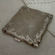 Antique 800 Silver Powder Compact Engraved Art Deco Vanity Mirror c. 1920s picture