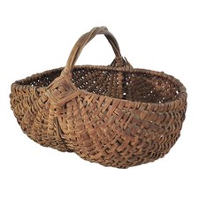 Antique Woven Splint Buttocks Egg Gathering Basket Twisted Twig Handle picture
