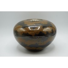 Modern Studio Pottery Vase with Metal Insert Mottled Brown Black Glaze Stoneware picture