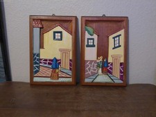 Vintage Collectible Mexican Folk Art Wood Bas Relief Pair picture