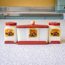 McKee Tipp City Range Set Salt Pepper Drips Grease Container Milk Glass Vintage picture