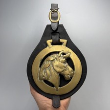 Vintage Horse Brass Medallion Leather Martingale Horse Head Rustic Wall Decor picture