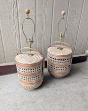 Pair of Vintage Chinese Wedding Basket Bamboo Rattan Table Lamps Asian Boho Chic picture
