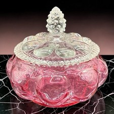 Fenton Diamond Optic Melon Shape Cranberry Pink Glass Covered Powder  Jar picture