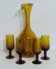 Amber Glass Wine Decanter And 4 Cordial Sherry Shot Glasses picture