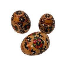  VTG Hand Painted Pysanky Ukrainian Wood Eggs Lot/3 Folk Art Traditional 1.75