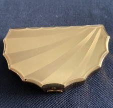 Vintage Kigu Gold Tone Powder Compact Scalloped Fan Design Mirror Puff picture