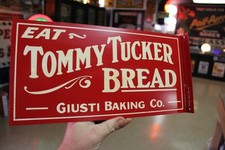 RARE 1967 EAT  GIUSTI TOMMY TUCKER BREAD PAINTED METAL 2-SIDED FLANGE SIGN CORN picture