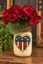 Vtg Primitive Americana Flag Heart Jar Vase Red Floral Arrangement Farmhouse picture