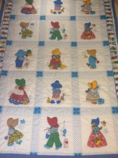 VTG Handmade Sunbonnet Sue Baby Kids Quilt Blanket 57X42 Cats, Fishing, Bear. picture