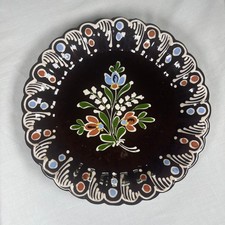 Beautiful Vintage Hungarian Pottery Wall Plate 11” Brown Floral Hand Painted picture