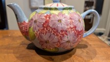 Laurie Gates Ware Hand Painted Ceramic Teapot Blue Pink Floral Plaid Lid Cottage picture