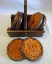 Vintage 70’s Coaster Set Wood & Rope With Caddy MCM picture