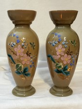 Pair Antique Victorian Bristol Glass Vases Clam Broth Fireglow Hand Painted 10